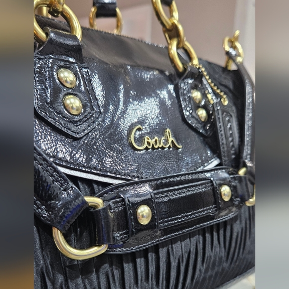 Coach Black Ruched Leather Satchel Shoulder Gold Hardware Bag - Picture 12 of 17